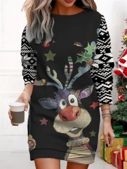 Women's Christmas Casual Dress Sweatshirt Dress Mini Dress Warm Fashion OutdoorVacation Crew Neck Print Animal SnowmanTree Loose Fit Black White Wine S M L XL XXL