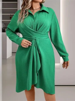 Women's Plus Size Curve Shirt Dress Casual Dress Plain Midi Dress Long Sleeve Ruched Button Shirt Collar Fashion Outdoor Green Fall Winter L XL XXL 3XL 4XL -HANs Plus Size Style Shop jomfpz1695095378108