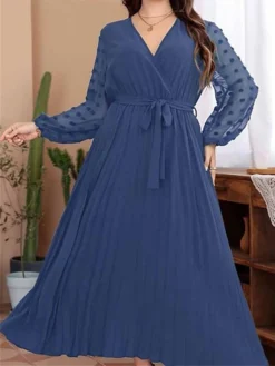 Women's Plus Size Curve Prom Dress Party Dress Wedding Guest Dress Long Dress Maxi Dress Blue Green Long Sleeve Pure Color Lace Up Fall Winter Autumn V Neck Fashion Evening Party Wedding Guest -HANs Plus Size Style Shop jonjgw1693205376568