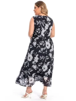 Women‘s Plus Size Curve Two Piece Dress Set Casual Dress Chiffon Dress Outdoor Daily Fashion Elegant Print Long Dress Maxi Dress V Neck Long Sleeve Floral Regular Fit Black Summer Spring -HANs Plus Size Style Shop joouux1694770873912