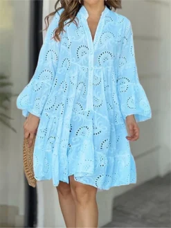 Women's Casual Dress White Dress Summer Dress Mini Dress Button Eyelet Daily Holiday Date Fashion Basic Split Neck Long Sleeve 2023 Loose Fit White Yellow Pink Color S M L XL XXL Size -HANs Plus Size Style Shop jopnuu1685016736126