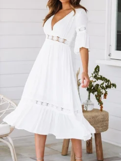 Women's Casual Dress Swing Dress Summer Dress Plain Ruffle V Neck Midi Dress Basic Fashion Outdoor Daily Half Sleeve Loose Fit White Spring Summer S M L XL
