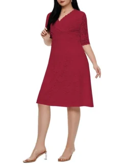 Women‘s Plus Size Curve Party Dress Lace Dress White Dress Solid Color Midi Dress Half Sleeve Lace V Neck Fashion Party White Red Summer Spring XL XXL 3XL 4XL 5XL -HANs Plus Size Style Shop jplpts1681204552269