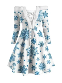 Women's Christmas Swing Dress Vintage Dress Mini Dress Green Blue Light Green Beige Gray Black Long Sleeve Santa Claus Snowman Snowflake Backless Feather Print Winter Fall Off Shoulder Stylish Elegant -HANs Plus Size Style Shop jpnbck1666343934462