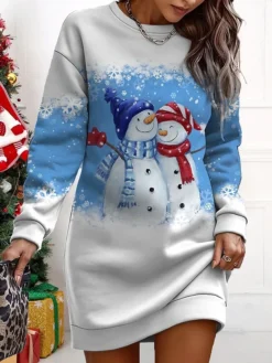 Women's Christmas Casual Dress Sweatshirt Dress Mini Dress Warm Fashion OutdoorVacation Crew Neck Print SnowmanTree Loose Fit Red Royal Blue Blue S M L XL XXL