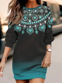 Women's Casual Dress Sweatshirt Dress Mini Dress Warm Fashion Outdoor Holiday Vacation Crew Neck Print Floral Print Loose Fit Blue Purple Green S M L XL XXL