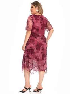 Women's Plus Size Party Dress Cocktail Dress Wedding Guest Dress Midi Dress Wine Blue Short Sleeve Floral Mesh Summer Spring Fall Crew Neck Fashion Wedding Guest Vacation Summer Dress 2023 L XL XXL -HANs Plus Size Style Shop jqouxd1694771289826