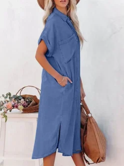 Women's Casual Dress Denim Shirt Dress Midi Dress Denim Fashion Casual Outdoor Daily Vacation Shirt Collar Button Pocket Short Sleeve Summer Spring Fall 2023 Loose Fit Navy Blue Blue Sky Blue Plain S -HANs Plus Size Style Shop jqulnl1675073413983