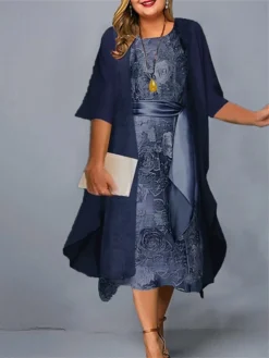 Women‘s Plus Size Curve Casual Dress Dress Set Two Piece Dress Floral Midi Dress 3/4 Length Sleeve Crew Neck Fashion Daily Pink Wine Summer Spring L XL XXL 3XL 4XL -HANs Plus Size Style Shop jraayq1678845334948