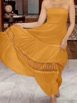 Women's Long Dress Maxi Dress Casual Dress Sheath Dress Swing Dress Pure Color Streetwear Casual Outdoor Holiday Date Ruched Patchwork Sleeveless Strapless Dress Slim Black White Yellow Summer Spring -HANs Plus Size Style Shop jrbhjh1683083776321