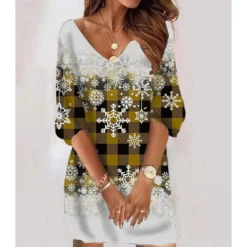 Women‘s Christmas Sweatshirt Dress Winter Dress Short Mini Dress Black 3/4 Length Sleeve Hat Print Fall Winter V Neck Vacation Casual 2022 S M L XL XXL 3XL -HANs Plus Size Style Shop jrhjqe1666786434772