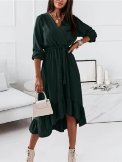 Women‘s Curve Sheath Dress Knee Length Dress Green Black Pink Light Blue Long Sleeve Solid Color Lace Up Ruffle Plus High Low Fall Spring V Neck Elegant Vintage Party Loose 2023 S M L XL XXL 3XL -HANs Plus Size Style Shop jrlshm1635330871006