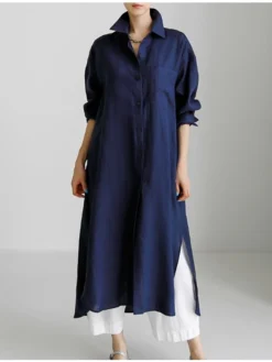 Women's Shirt Dress Casual Dress Linen Dress Maxi Long Dress Winter Dress Daily Holiday Polyester Casual Mature Shirt Collar Zipper Button Long Sleeve Summer Spring Fall 2023 Loose Fit Black Navy -HANs Plus Size Style Shop jrpfib1679046685392
