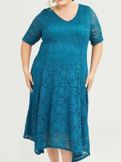 Women's Plus Size Curve Party Dress Lace Dress Cocktail Dress Midi Dress Blue Purple Half Sleeve Pure Color Lace Summer Spring Fall V Neck Fashion Birthday Wedding Guest Vacation 2023 XL XXL 3XL -HANs Plus Size Style Shop jrqdkb1692156272598