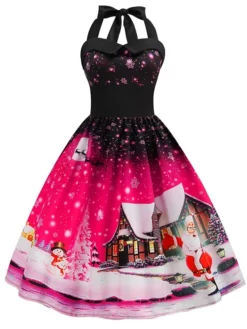 Women's Christmas Knee Length Dress Blue Purple Blushing Pink Red Sleeveless Print Lace Up Print Fall Summer Halter Neck VintageParty Slim 2021 S M L XL XXL -HANs Plus Size Style Shop jrufbo1601018456929