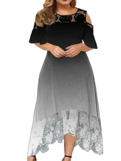 Women‘s Plus Size Curve Casual Dress A Line Dress Gradient Long Dress Maxi Dress Short Sleeve Patchwork Hollow Out Crew Neck Fashion Outdoor Black Light Green Summer Spring XL XXL 3XL 4XL 5XL -HANs Plus Size Style Shop jrxyjs1678346849739