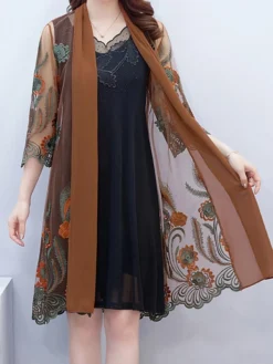 Women's Plus Size Curve Two Piece Dress Set Casual Dress Tank Dress Outdoor Daily Fashion Modern Embroidered Midi Dress Crew Neck Half Sleeve Floral Black Red Coffee Spring Fall XL XXL 3XL 4XL 5XL -HANs Plus Size Style Shop jsiogh1692242452490