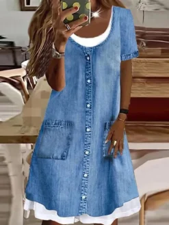 Women's Denim Dress Casual Dress Midi Dress Denim Fashion Modern Outdoor Daily Vacation U Neck Button Pocket Short Sleeve Summer Spring 2023 Regular Fit Blue Plain S M L XL 2XL