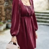 Women's Casual Dress Velvet Dress Plain Dress Mini Dress Ruched Pleated Party Holiday Date Vintage Elegant Square Neck Long Sleeve 2023 Slim Black Pink Wine Color S M L XL Size