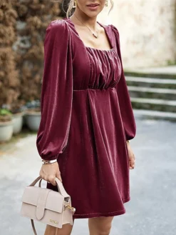 Women's Casual Dress Velvet Dress Plain Dress Mini Dress Ruched Pleated Party Holiday Date Vintage Elegant Square Neck Long Sleeve 2023 Slim Black Pink Wine Color S M L XL Size