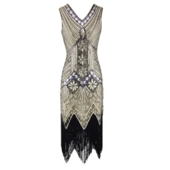 Women's Retro 1920s Fringe Dress Midi Dress Party Halloween Sequins Tassel Fringe Floral V Neck Sleeveless Regular Fit Spring Fall 2023 Black White S M L XL -HANs Plus Size Style Shop jsoemd1692610415755