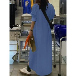 Women's Denim Dress Casual Dress Plain Dress Long Dress Maxi Dress Button Outdoor Daily Vacation Fashion Classic Shirt Collar Long Sleeve 2023 Loose Fit Blue Dark Blue Color S M L XL XXL Size -HANs Plus Size Style Shop jsqtlb1695639499022