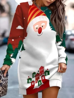 Women's Casual Dress Sweatshirt Dress Mini Dress Warm Fashion Outdoor Christmas Vacation Crew Neck Print Santa Claus Regular Fit White S M L XL XXL