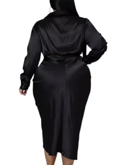 Women‘s Plus Size Curve Flattering Dresses Elegant Apple Shaped Dress Wedding Guest Work Dress Pure Color Shirt Collar Long Sleeve Fall Winter Work Midi Dress Going Out Work Dress Shirt Dress -HANs Plus Size Style Shop jsvjkg1663665120536