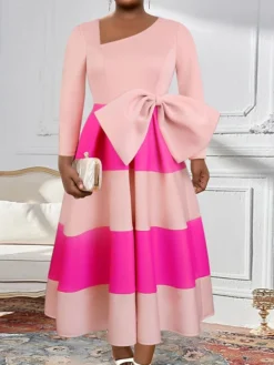 Women's Plus Size Curve Party Dress Swing Dress A Line Dress Color Block Midi Dress Long Sleeve Bow V Neck Fashion Party Pink Fall Winter XL XXL 3XL 4XL