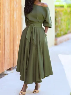 Women's Casual Dress Swing Dress Summer Dress Long Dress Maxi Dress Lace Up Pocket Street Daily Going Out Fashion Elegant Crew Neck Half Sleeve 2023 Regular Fit Black Wine Green Color S M L XL XXL
