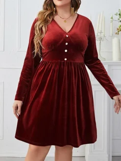 Women's Plus Size Party Dress Velvet Dress Cocktail Dress Midi Dress Wine Long Sleeve Pure Color Ruched Spring Fall Winter V Neck Fashion Winter Dress Wedding Guest Birthday 2023 XL XXL 3XL 4XL -HANs Plus Size Style Shop jtuzil1692178763899