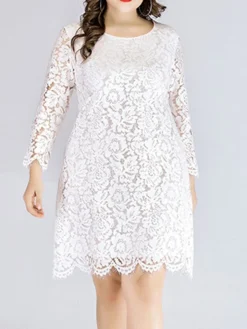 Women‘s Plus Size Curve Lace Dress Work Dress A Line Dress Solid Color Midi Dress Long Sleeve Lace Crew Neck Fashion Office Black White Spring Fall L XL XXL 3XL 4XL -HANs Plus Size Style Shop jtxooo1673001186050