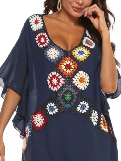 Women's Swimwear Cover Up Beach Dress Normal Swimsuit Splice Floral White Black Navy Blue V Wire Bathing Suits New Vacation Fashion /y / Modern -HANs Plus Size Style Shop jucmts1652335462840