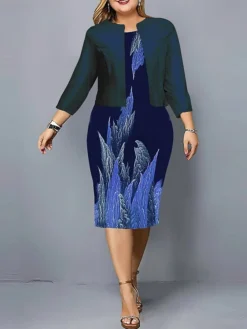 Women's Plus Size Curve Casual Dress Dress Set Two Piece Dress Leaf Floral Midi Dress Long Sleeve Print Crew Neck Fashion Outdoor Black Wine Fall Winter L XL XXL 3XL 4XL -HANs Plus Size Style Shop juljcf1695096065422