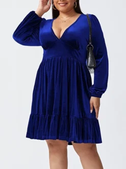Women‘s Plus Size Curve Party Dress Velvet Dress Cocktail Dress Mini Dress Black Wine Royal Blue Long Sleeve Pure Color Ruched Spring Fall Winter V Neck Fashion Birthday Wedding Guest Vacation 2023 -HANs Plus Size Style Shop jveosy1692176740560