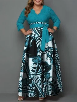 Women‘s Plus Size Curve Casual Dress Lace Dress Swing Dress Butterfly Long Dress Maxi Dress 3/4 Length Sleeve Lace Up Lace V Neck Fashion Outdoor Blue Summer Spring L XL XXL 3XL 4XL -HANs Plus Size Style Shop jvijhs1683005218009