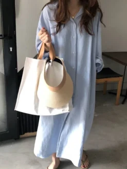 Women's Shirt Dress Maxi Long Dress Winter Dress Daily Vacation Cotton Casual Shirt Collar Button Long Sleeve Summer Spring Fall 2022 Loose Fit White Blue Khaki Pure Color S M L XL