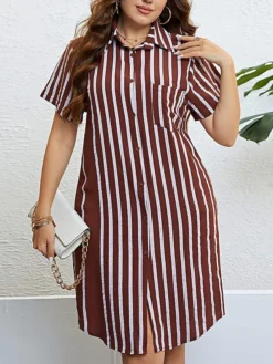 Women‘s Plus Size Curve Shirt Dress Casual Dress Shift Dress Midi Dress Outdoor Daily Vacation Polyester Fashion Modern Shirt Collar Button Pocket Short Sleeve Summer Spring 2023 Regular Fit -HANs Plus Size Style Shop jvtgqq1691465814513