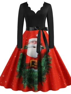 Women's Christmas Swing Dress Vintage Dress Midi Dress Green Blue Purple Long Sleeve Santa Claus Bow Winter Fall Autumn V Neck Fashion Daily Date 2022 S M L XL XXL 3XL -HANs Plus Size Style Shop jwdalt1667894686612
