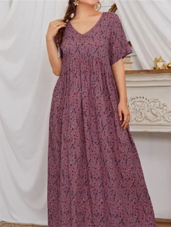Women‘s Plus Size Curve Flattering Dresses Apple Shaped Dress Casual Dress Floral Dress Floral Long Dress Maxi Dress Short Sleeve Print V Neck Basic Outdoor Fuchsia Spring Summer XL XXL 3XL -HANs Plus Size Style Shop jwglsw1677152633018