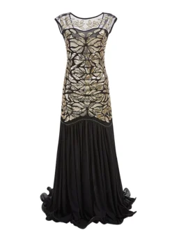 Women's Retro 1920s Sequin Dress Long Dress Maxi Dress Party Halloween Sequins Ruffle Leaf Crewneck Sleeveless Regular Fit Spring Fall 2023 Black Red S M L XL -HANs Plus Size Style Shop jwqeds1692947219313