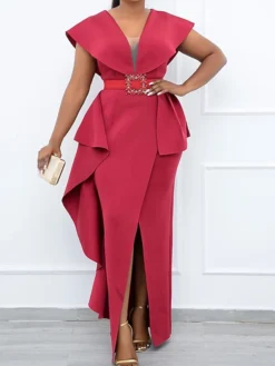 Women's Plus Size Curve Party Dress Solid Color V Neck Short Sleeve Spring Summer Prom Dress Maxi Long Dress Party Dress -HANs Plus Size Style Shop jwvmwp1652684135761