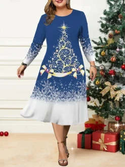 Women's Christmas Plus Size Curve Casual Dress Skater Dress A Line Dress Christmas Tree Snowflake Midi Dress Long Sleeve Print Crew Neck Fashion Outdoor Yellow Wine Fall Winter L XL XXL 3XL 4XL -HANs Plus Size Style Shop jwwojk1695264753738