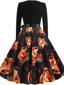 Women's Christmas Knee Length Dress Wine Green Orange Black Red Brown Navy Blue Long Sleeve Print Bow Print Fall Winter V Neck Casual Vintage2021 S M L XL XXL 3XL -HANs Plus Size Style Shop jwyucc1629971428541