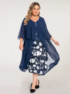 Women's Plus Size Curve Work Dress Floral V Neck Ruched 3/4 Length Sleeve Spring Summer Work Elegant Midi DressLayered Formal Vacation Dress