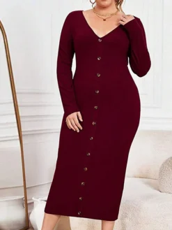 Women's Plus Size Curve Party Dress Sweater Dress Bodycon Plain Midi Dress Long Sleeve Button V Neck Fashion Party Wine Fall Winter XL XXL 3XL -HANs Plus Size Style Shop jxshdw1695191644510