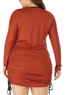 Women‘s Plus Size Curve Work Dress Sheath Dress Semi Formal Dress Fashion Mini Dress Ruched Drawstring Crew Neck Long Sleeve Plain Regular Fit Wine Purple Orange Spring Fall XL XXL 3XL 4XL 5XL -HANs Plus Size Style Shop jxtbov1691402315906