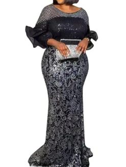 Women‘s Plus Size Curve Party Dress Solid Color Crew Neck Long Sleeve Winter Fall Elegant Formal Maxi Long Dress Party Evening Party Dress -HANs Plus Size Style Shop jxzqhs1669800780750