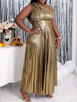 Women's Plus Size Curve Party Dress Swing Dress Evening Gown Plain Long Dress Maxi Dress Sleeveless Pleated Backless One Shoulder Fashion Party Gold Spring Fall XL XXL 3XL 4XL