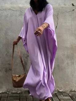 Women's Cover Up Beach Dress Beach Wear Long Dress Maxi Dress Split Basic Casual Plain V Neck 3/4 Length Sleeve Loose Fit Outdoor Daily White Yellow 2023 Spring Summer One Size -HANs Plus Size Style Shop jykpae1672912302859